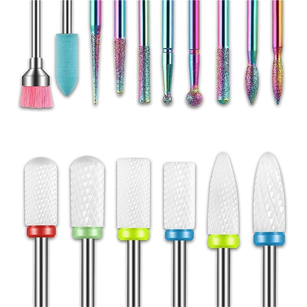 16Pc Rainbow Sand & Ceramic Nail Drill Kit: Surface Grinding, Polish Removal w/ Multi-Function Cleaning Brush Tool - Nail Accessories