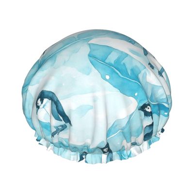 Playful Penguins On Floating Ice Double Layer Waterproof Shower Cap Reusable Bonnet Elastic Band Hat