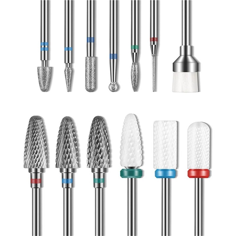 13Pcs Tungsten-Ceramic Hybrid Nail Drill Set - Surface Prep, Cuticle Polish Removal & Buffing with Multi-Shape Abrasive Heads