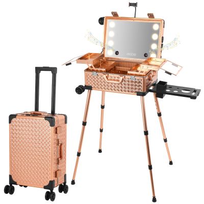 Aiborke Rolling Makeup Train Case with Lighted Mirror and Bluetooth Speaker Professional Cosmetic Organizer Case with Wheels, Stands Portable Makup Station Vanity for Travel (Rose gold, Small)