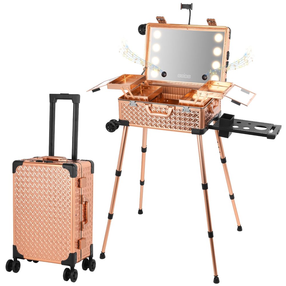 Aiborke Rolling Makeup Train Case with Lighted Mirror and Bluetooth Speaker Professional Cosmetic Organizer Case with Wheels, Stands Portable Makup Station Vanity for Travel (Rose gold, Small)