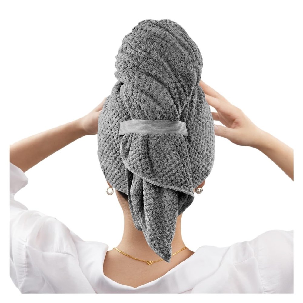 ADETSES Large Solid Color Absorbent Hair Drying Towel Microfiber Wrap with Elastic Strap Soft Quick(2)