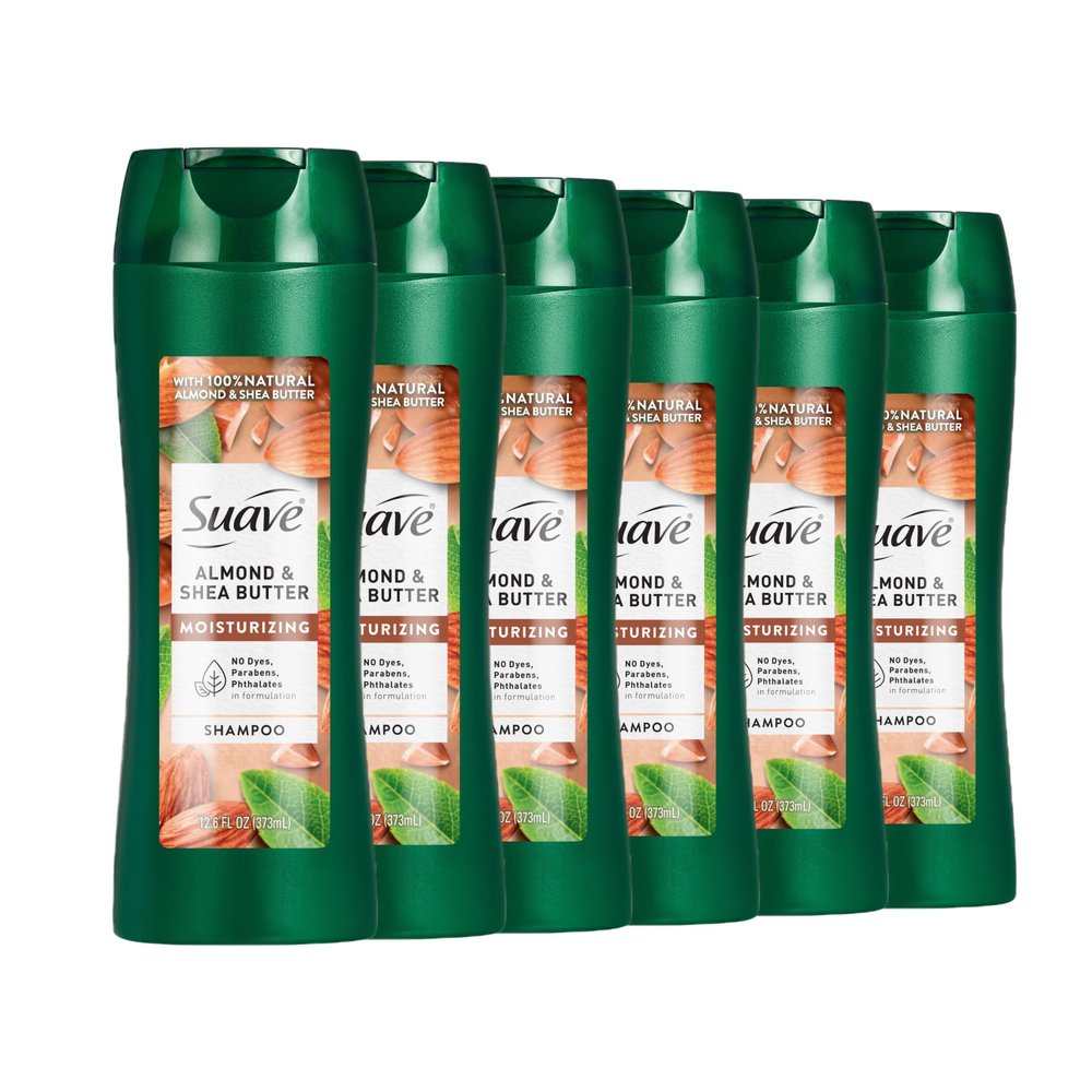Suave Moisturizing Shampoo With 100% Natural Almond & Shea Butter, Replenishing Hair Care For Dry, Damaged Hair for Women & Men, No Parabens, Phthalates, or Dyes, 6 Pack, 12.6 FL OZ EA