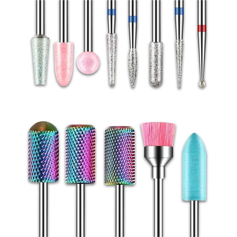 13Pcs Quartz-Enhanced Tungsten Abrasive Nail Drill Set - Surface Grinding & Polish Removal w/ Detachable Cleaning Brush Tool