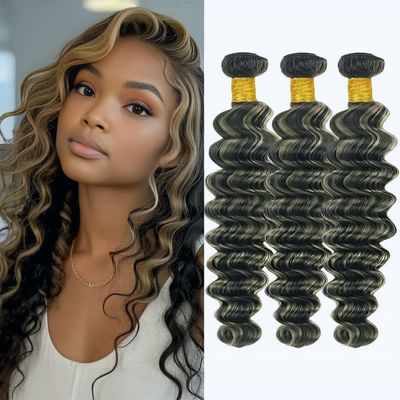 10A Brazilian P1B/27 Deep Wave Human Hair Bundles 26 28 30 Inch 3 Bundles Long Honey Blonde Highlight Deep Curly