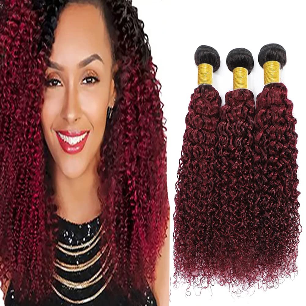 Burgundy Human Hair 1b99j Bundles Human Hair Ombre Kinky Curly Bundles inch Brazilian Virgin Remy Hair Extensions Two Tone Black To Burgundy Bundle 24 26 28 inch