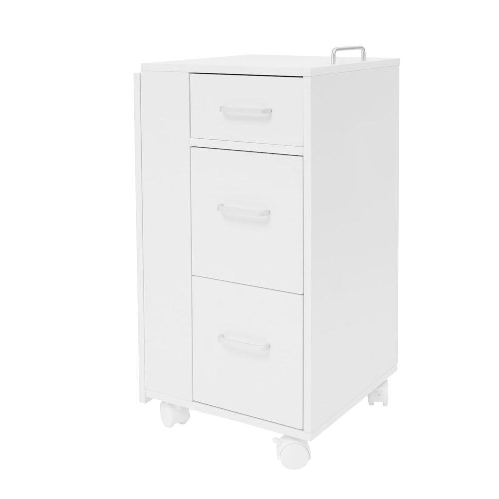 BRICZUNA Professional Manicure Table with Wheels, 3 Storage Drawers & Foldable Desktop - Heavy Duty Nail Salon Desk for Beauty Spa, Mobile Rolling Makeup Station (White)