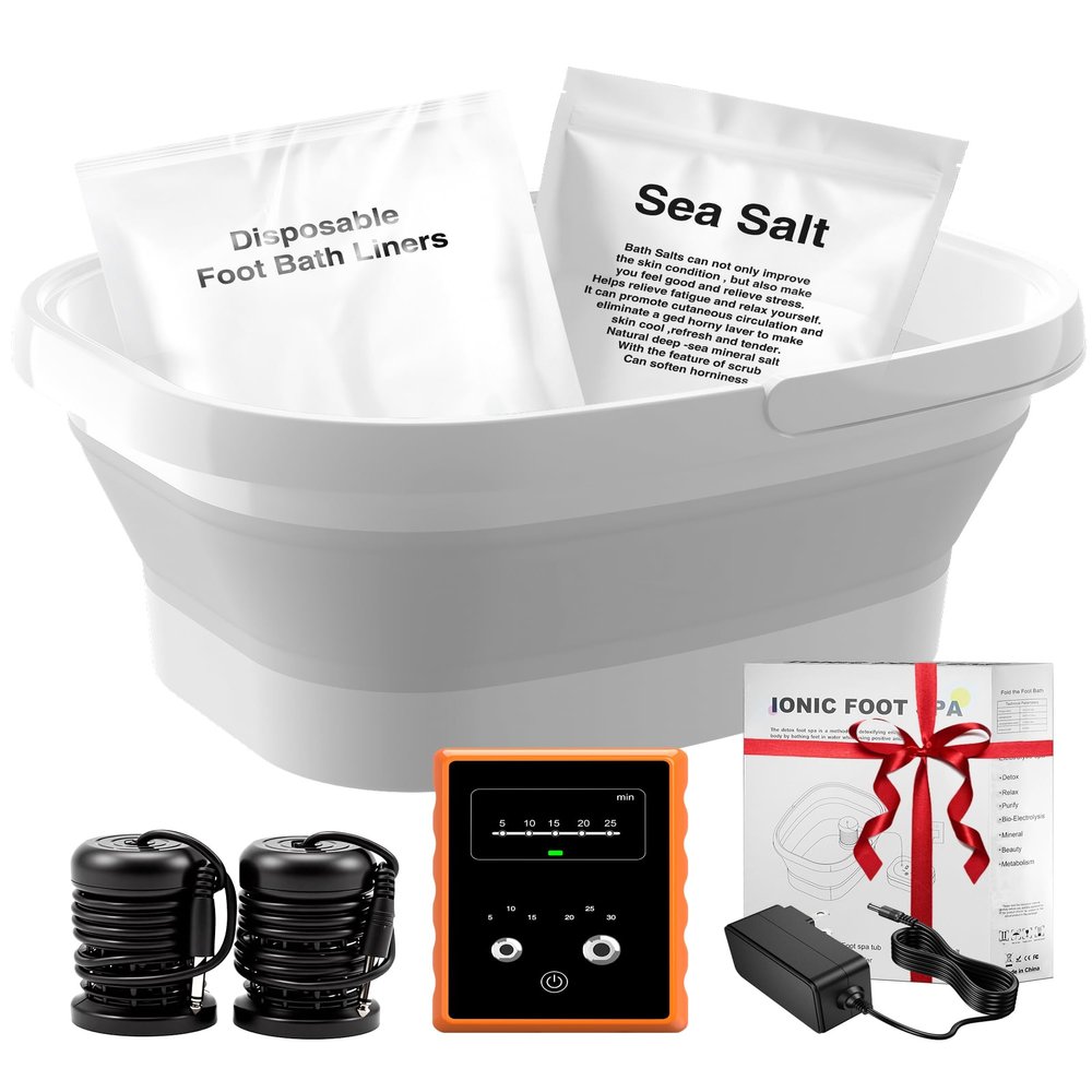 Ionic Foot Bath Detox Machine,Foot Detox Foot Bath Soak Tub with 2 Arrays,80 Disposable Foot Bath Liners,Detox Sea Salt,Folding Foot Spa Bucket,Home Salon-Level Foot Soaking Tub