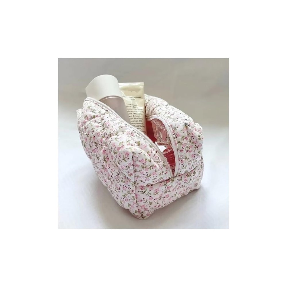 1PC Travel Toiletry bag Flower Printed Puffy Zipper Makeup Bag Storage Organizer Toiletry Handbag Cosmetic Pouch Large Travel Cosmetic Bag(A-PINK)