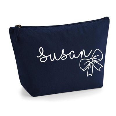 Personalized Name Initials Text Style Cute Ribbon Bow Design Make Up Accessory Bag Cosmetic Case with Texture Print - White Film - L Navy