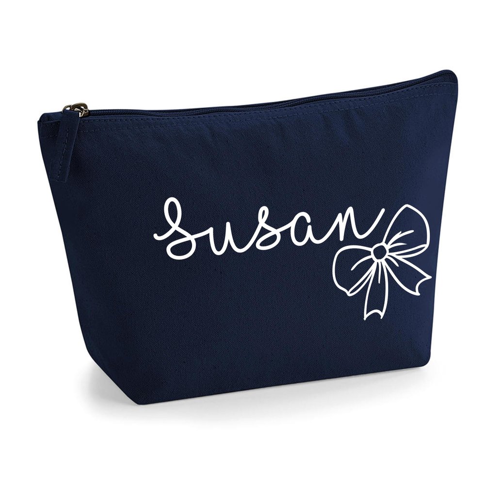 Personalized Name Initials Text Style Cute Ribbon Bow Design Make Up Accessory Bag Cosmetic Case with Texture Print - White Film - L Navy