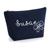 Personalized Name Initials Text Style Cute Ribbon Bow Design Make Up Accessory Bag Cosmetic Case with Texture Print - White Film - L Navy view 1