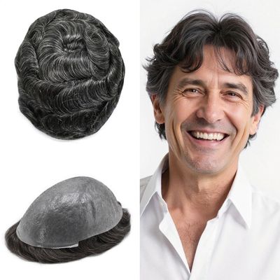 ApexToupees Ultra Thin Skin Mens Hair System Toupee For Men 0.06mm Hair System For Mens Toupee Hairpiece For Men Human Hair 8x10 Inch 100% light to Medium density#1B40 1B# OFF BLACK+40% GREY