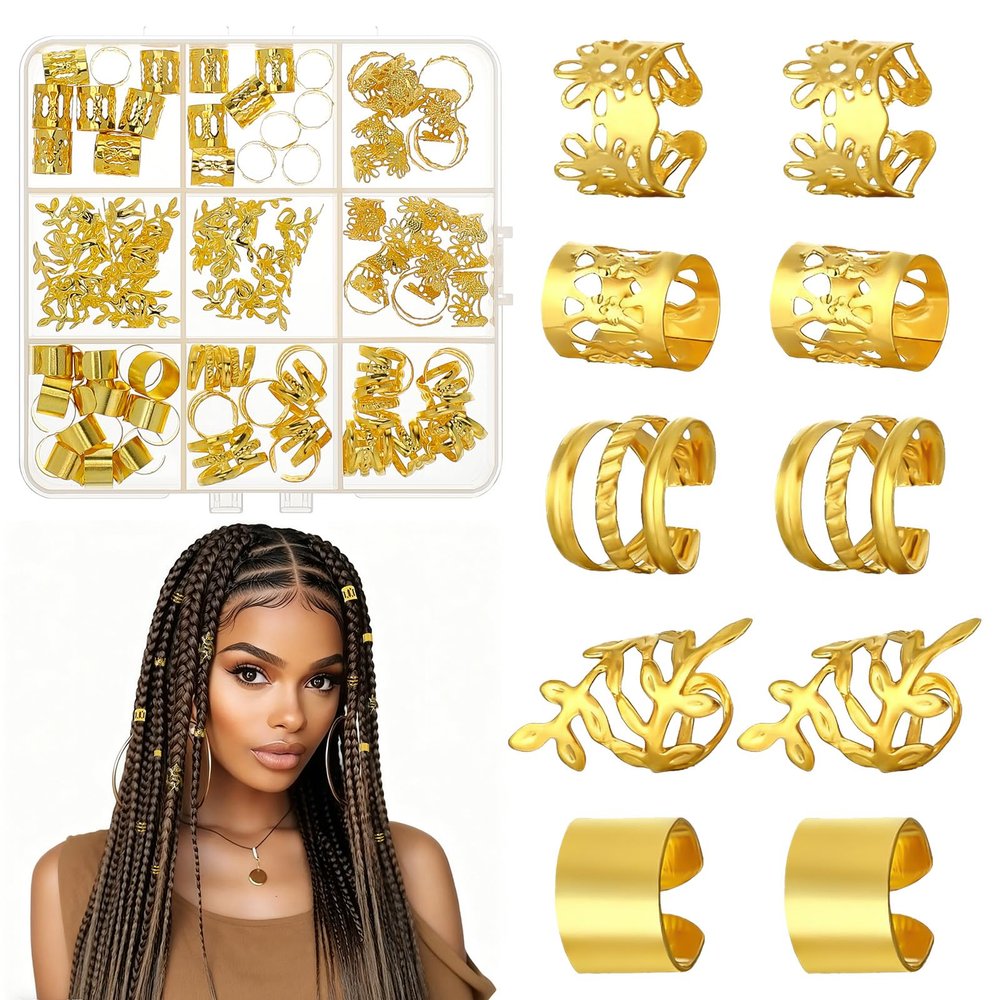 100Pcs Gold Hair Accessories for Braids, Metal Adjustable Hair Cuffs Rings Charms Clips Beads Decoration, 5 Styles Loc Jewelry for Black Women Men Festival Pirate Christmas New Year Decorations
