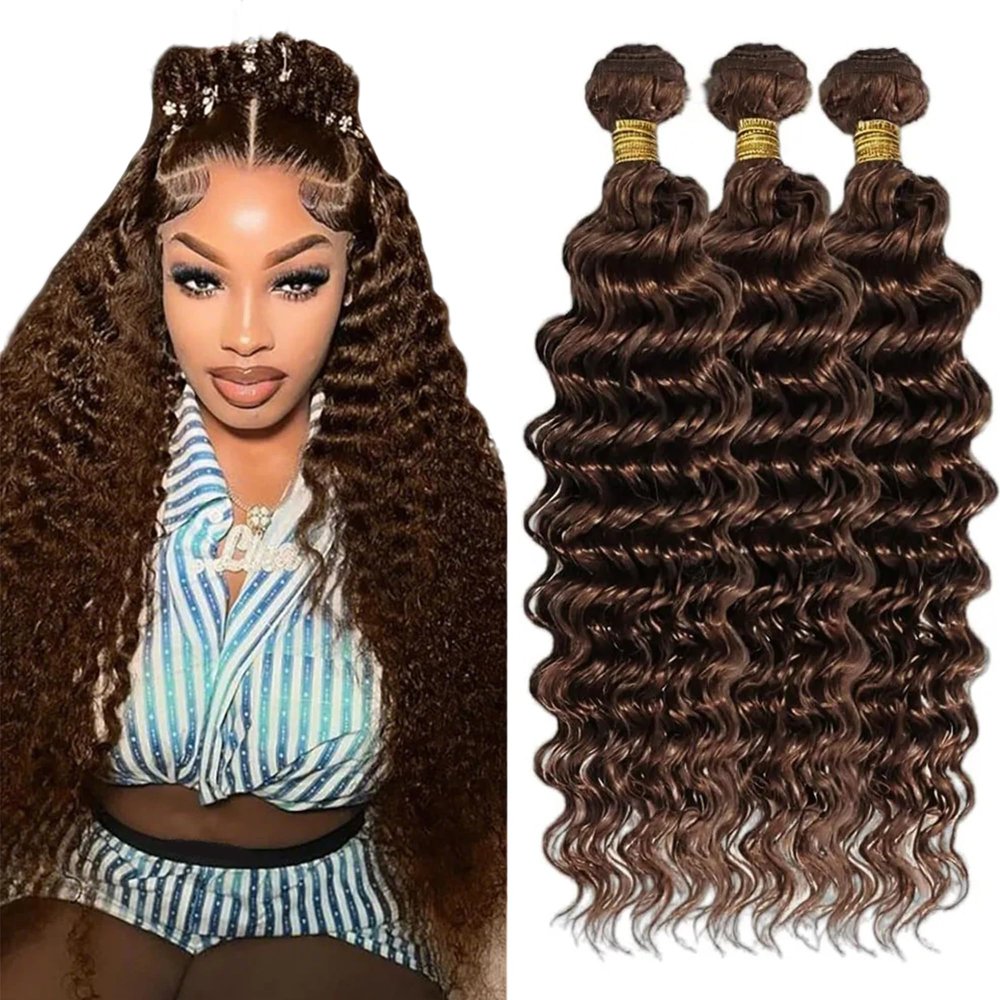 CUEAKOUE Chocolate Brown Human Hair Bundles Deep Wave Bundles Human Hair 18 20 22 Inch 12A Unprocessed Brazilian Virgin Hair 3 Bundles Human Hair Extensions For Black Women #4 Color 150g Total