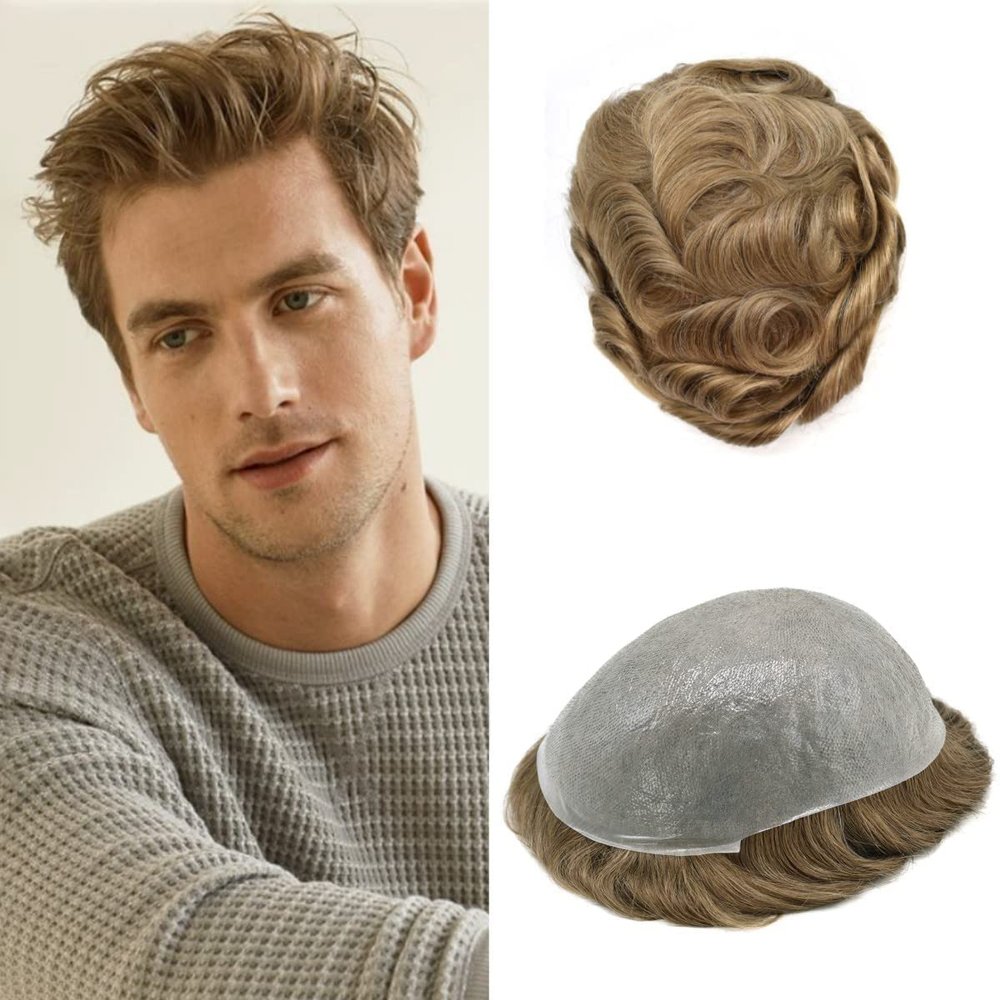 ApexToupees Ultra Thin Skin Mens Hair System Toupee For Men 0.06mm Hair System For Mens Toupee Hairpiece For Men Human Hair 8x10 Inch 90% light density20# LIGHT ASH BLONDE