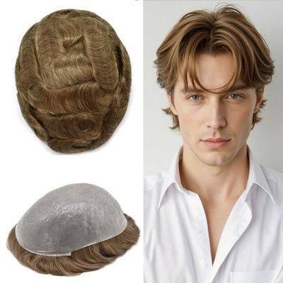 ApexToupees Ultra Thin Skin Mens Hair System Toupee For Men 0.06mm Hair System For Mens Toupee Hairpiece For Men Human Hair 8x10 Inch 100% light to Medium density17# DARK ASH BLONDE