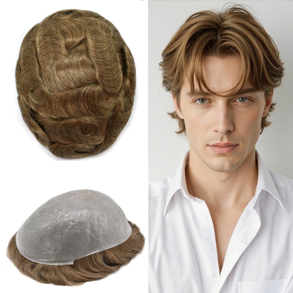 ApexToupees Ultra Thin Skin Mens Hair System Toupee For Men 0.06mm Hair System For Mens Toupee Hairpiece For Men Human Hair 8x10 Inch 100% light to Medium density17# DARK ASH BLONDE