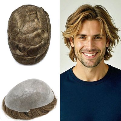 ApexToupees Ultra Thin Skin Mens Hair System Toupee For Men 0.06mm Hair System For Mens Toupee Hairpiece For Men Human Hair 8x10 Inch 120% medium light to medium density#1840 18# MEDIUM BLONDE+40%GREY