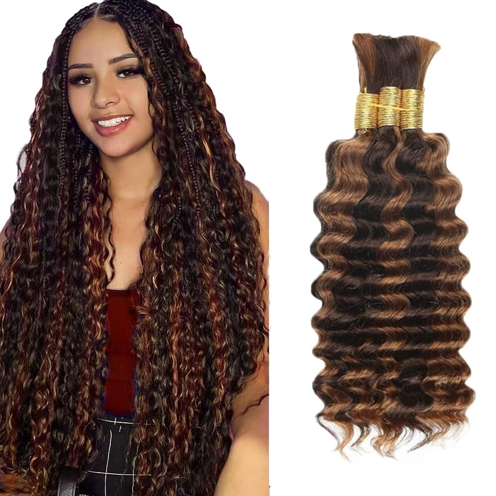 4/30 Freiuoke Human Braiding Hair 32 32 32 Inch Deep Wave Bulk Highlight No Weft Curly Braiding Hair Extensions for Boho Braids 150g/3 Bundles