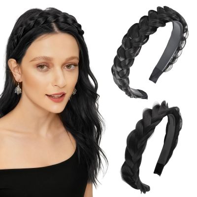 2PC Braided Headband with Tooth Wide Faux Hair Braid Wig Hairband, Messy Fishbone & Geflochten Haarband Shape for Women Fashion Accessories for Oktoberfest, Wedding, Parties, Comb Fit(Black)