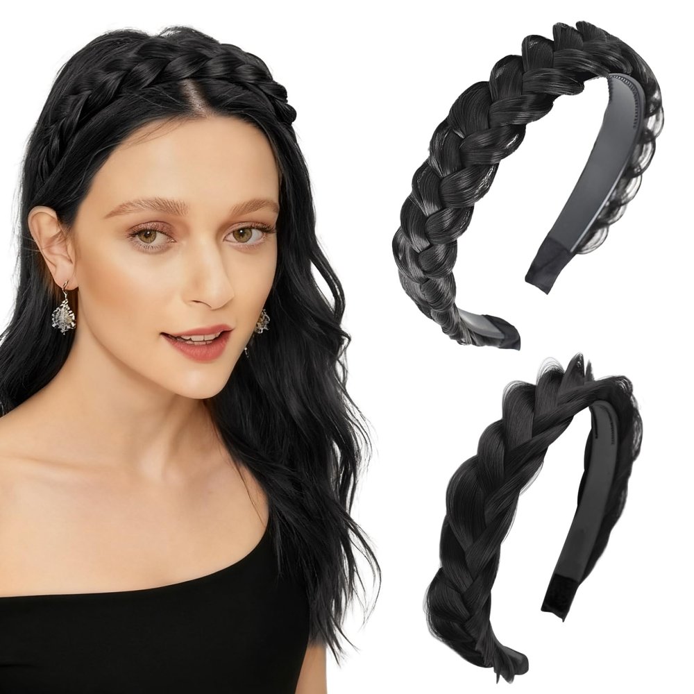 2PC Braided Headband with Tooth  Wide Faux Hair Braid Wig Hairband, Messy Fishbone & Geflochten Haarband Shape  for Women Fashion Accessories for Oktoberfest, Wedding, Parties, Comb Fit(Black)