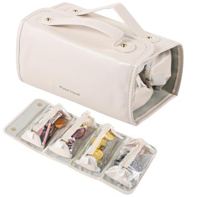 Makeup Organizer Bag for Travel, Folding Cosmetic Bag with Expandable Capacity, Portable Beige Leather Travel Case for Cosmetics