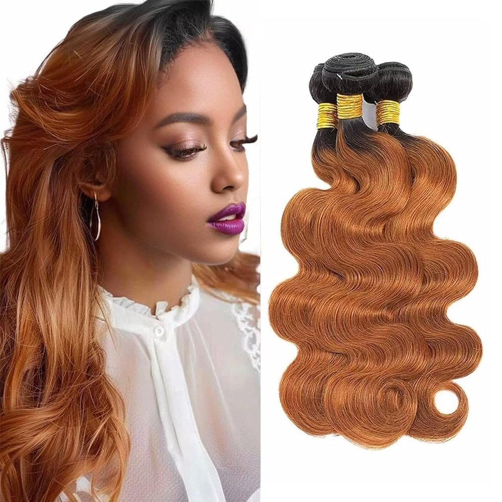 Cklikeb Human Hair Bundles T1B/30# Color Body Wave Bundles Human Hair Unprocessed Brazilian Virgin 20 22 24 Inch 3 Bundles Quick Weave Human Hair Extensions (T1B/30 Body Wave, 20 22 24)