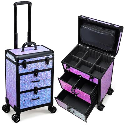 Adazzo Professional Rolling Makeup Train Case with Drawers, Large Cosmetic Trolley with Locks, Cosmetics Storage Organizer Make up Case for Travel Makeup/Nail Art/Hair Styling, Shiny Pink