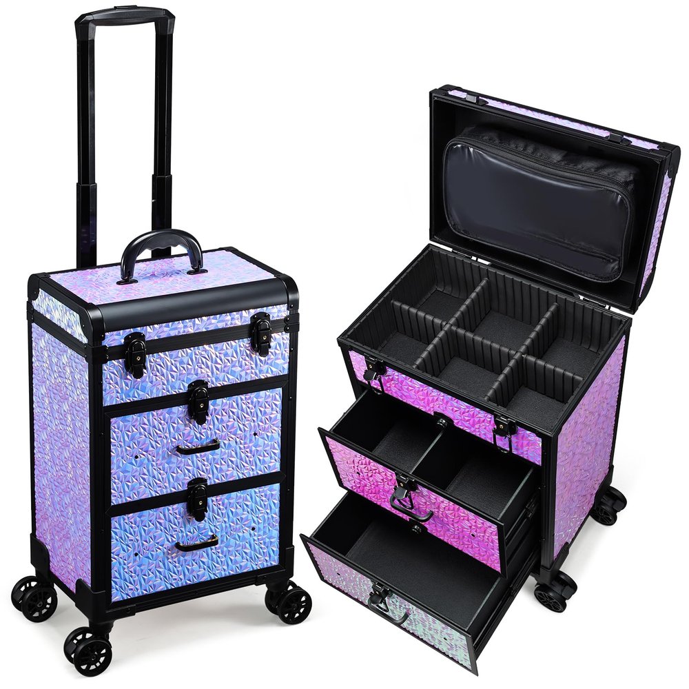 Adazzo Professional Rolling Makeup Train Case with Drawers, Large Cosmetic Trolley with Locks, Cosmetics Storage Organizer Make up Case for Travel Makeup/Nail Art/Hair Styling, Shiny Pink
