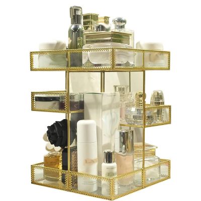 360 Degree Rotation Antique Countertop Cosmetic Storage Box Makeup Organizer Mirror Glass Beauty DisplayGold Spin Large Capacity Holder for Brushes Lipsticks Skincare Toner