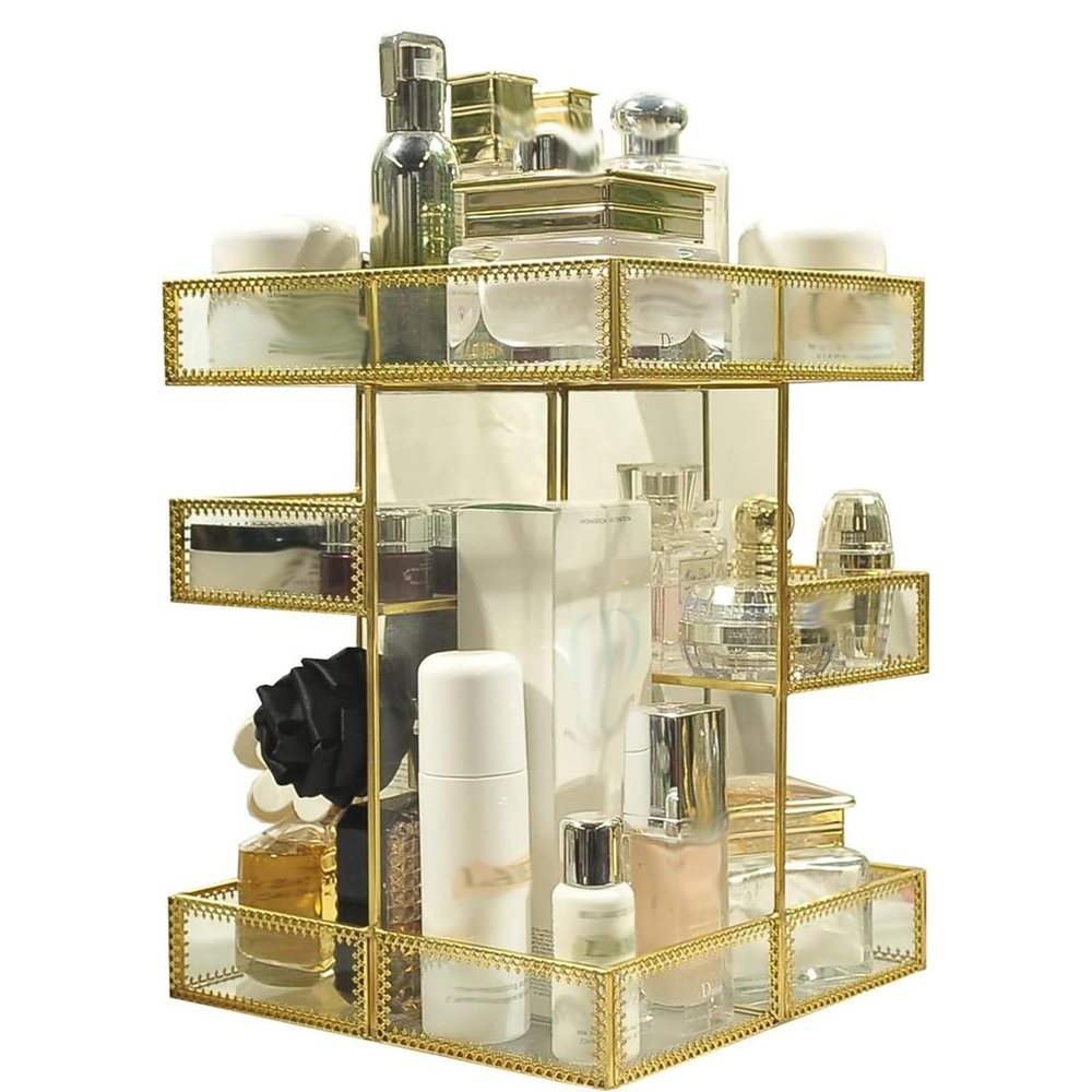 360 Degree Rotation Antique Countertop Cosmetic Storage Box Makeup Organizer Mirror Glass Beauty DisplayGold Spin Large Capacity Holder for Brushes Lipsticks Skincare Toner