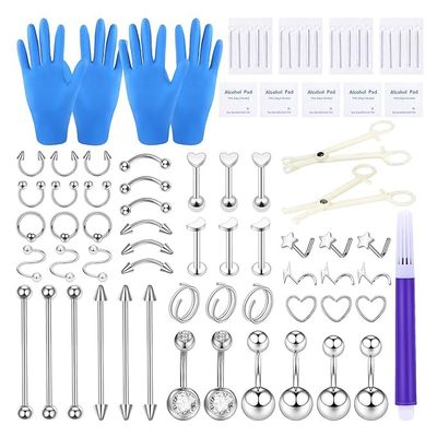 Xpircn 80Pcs Piercing Kit 316L Stainless Steel Belly Button Ring Ear Nose Septum Piercing Jewelry 20G 18G 16G 14G 12G Piercing Tools with Clamps Gloves for Body Piercing