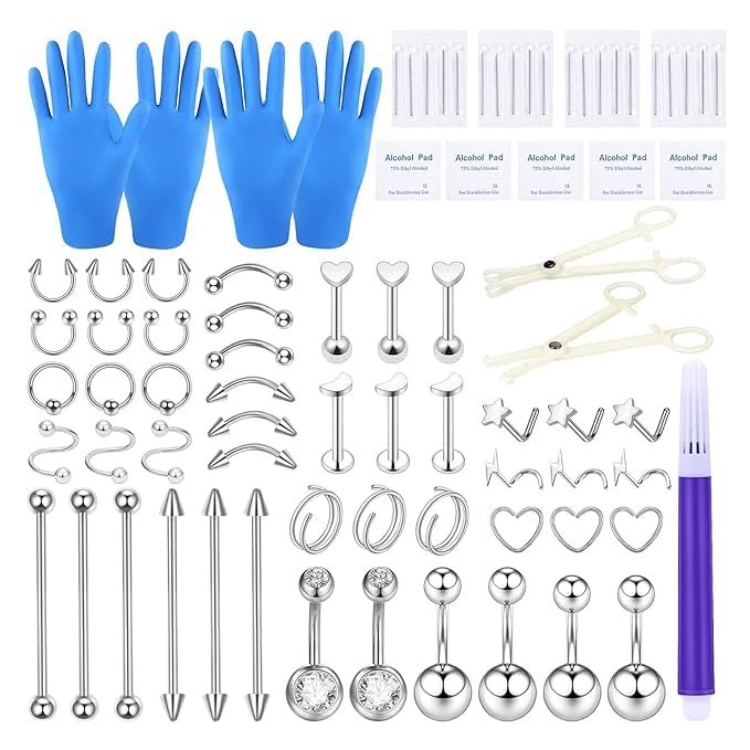 Xpircn 80Pcs Piercing Kit 316L Stainless Steel Belly Button Ring Ear Nose Septum Piercing Jewelry 20G 18G 16G 14G 12G Piercing Tools with Clamps Gloves for Body Piercing