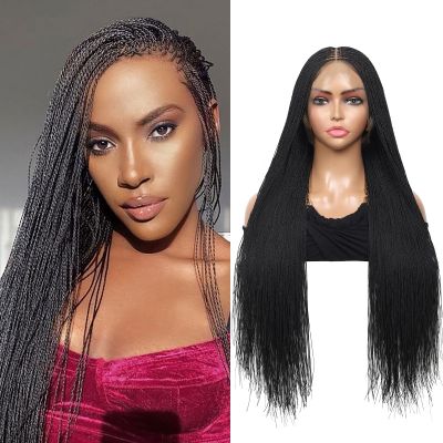 Olymei Micro Million Twisted Braided Wigs for Women Full Lace Micro Knotless Braided Wigs with Baby Hair Synthetic Lace Front Micro Needle Senegalese Twist Braided Wig, 30 inches Black Color