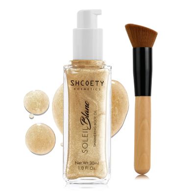 Shimmer Body Oil with Vitamin E, Body Glow Oil for Women, Long Lasting Waterproof & Moisturize for All Skin, Liquid Highlighter Makeup with Brush, Travel Size for Date, Wedding, Party, Light Gold