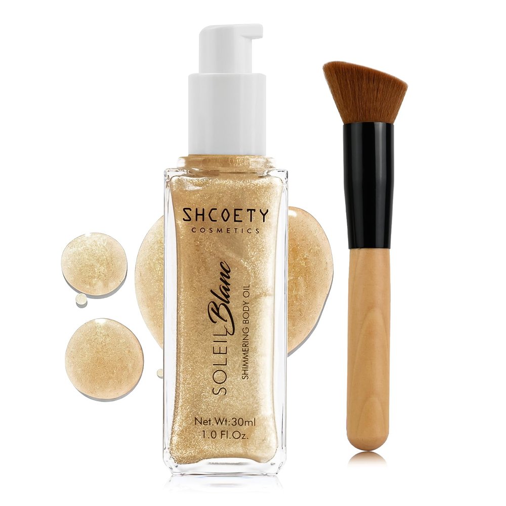 Shimmer Body Oil with Vitamin E, Body Glow Oil for Women, Long Lasting Waterproof & Moisturize for All Skin, Liquid Highlighter Makeup with Brush, Travel Size for Date, Wedding, Party, Light Gold