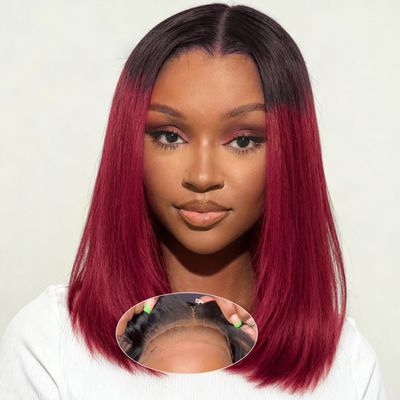 omswet Ombre Burgundy 5x5 HD Lace Closure Bob Wig Human Hair Glueless Wear and Go Wigs for Black Women 200 Density Pre Plucked Pre Bleached Pre Cut Glueless Wig 14 Inch 1B/99J Free Part Bob Wigs