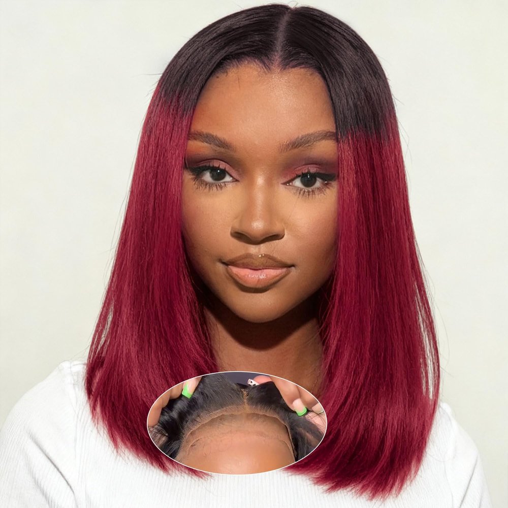 omswet Ombre Burgundy 5x5 HD Lace Closure Bob Wig Human Hair Glueless Wear and Go Wigs for Black Women 200 Density Pre Plucked Pre Bleached Pre Cut Glueless Wig 14 Inch 1B/99J Free Part Bob Wigs