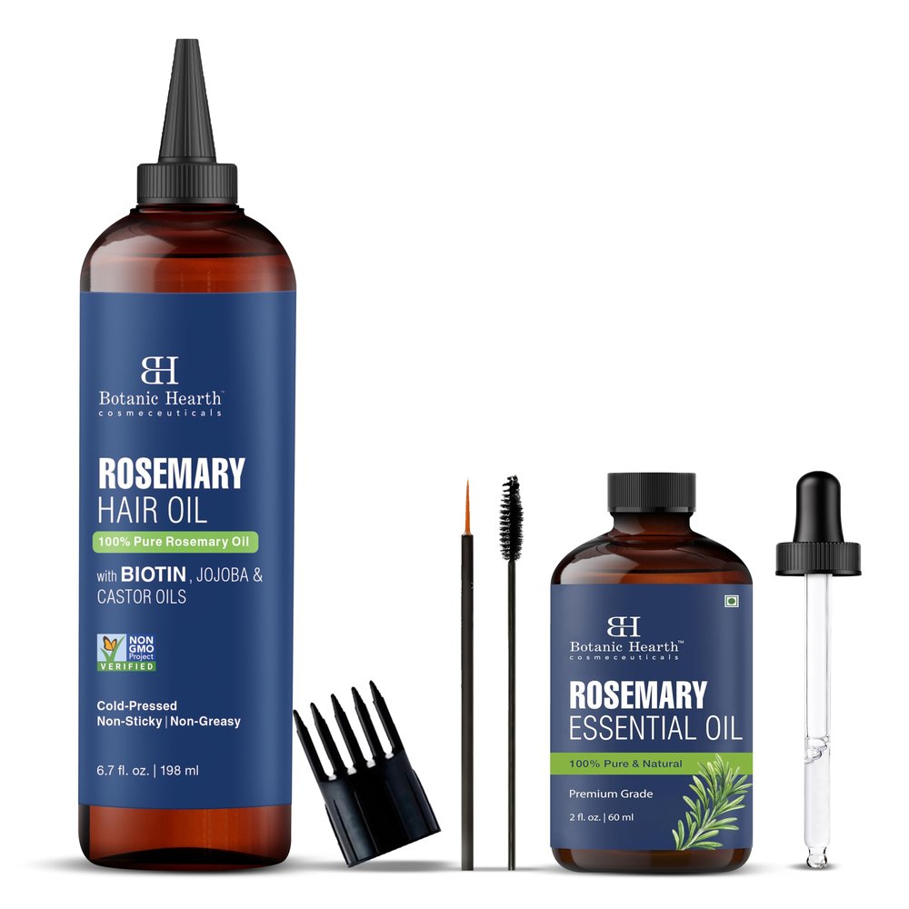 Botanic Hearth Rosemary Essential Oil 2 fl oz with Rosemary Hair Oil 6.7 fl oz Combo Pack