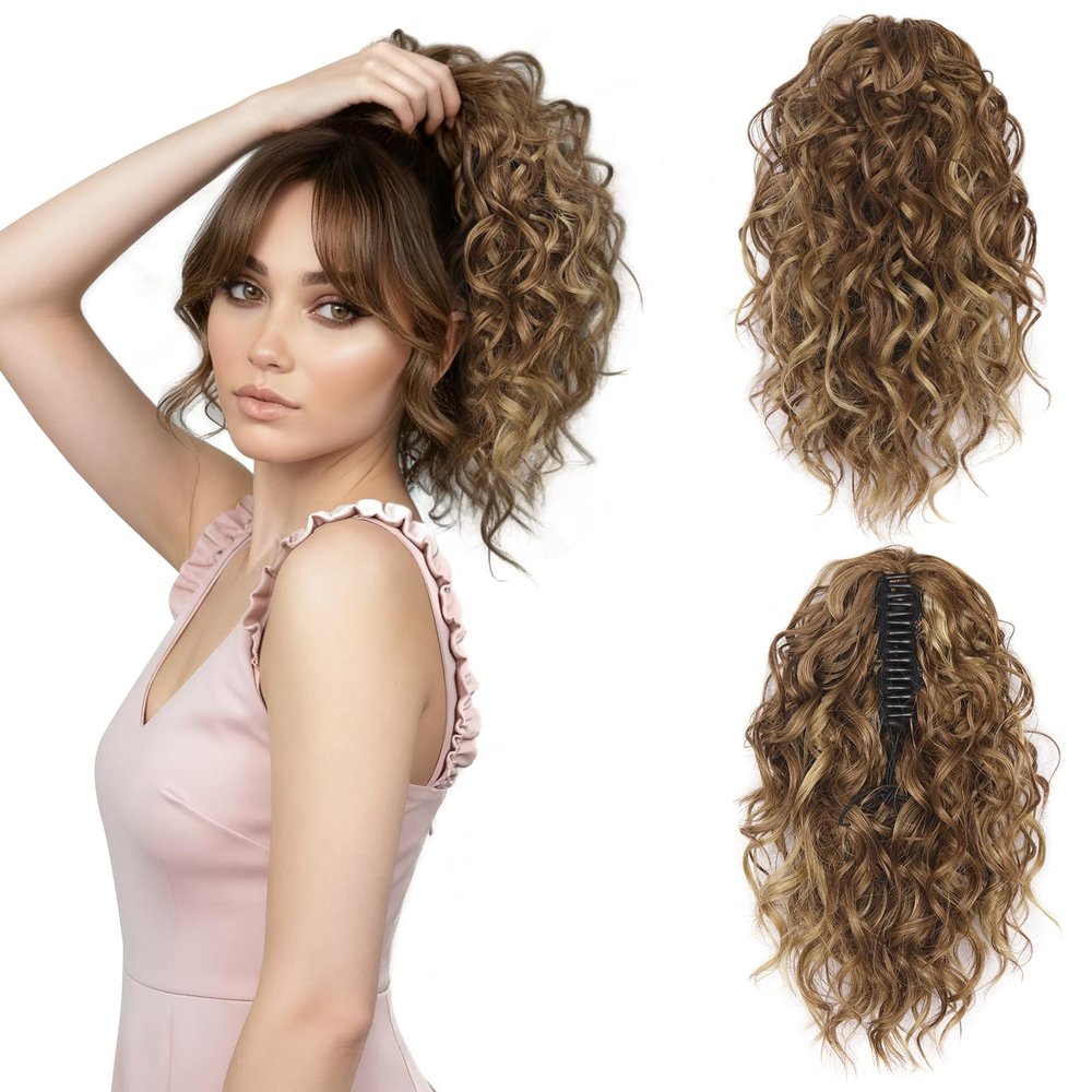 12 Inch Curly Ponytail Extension - Clip in Ponytail Hair Extensions, Natural Claw Clip Ponytail Extension, Synthetic Clip on Ponytails for Women (Color: Light Brown with Blonde Highlights)