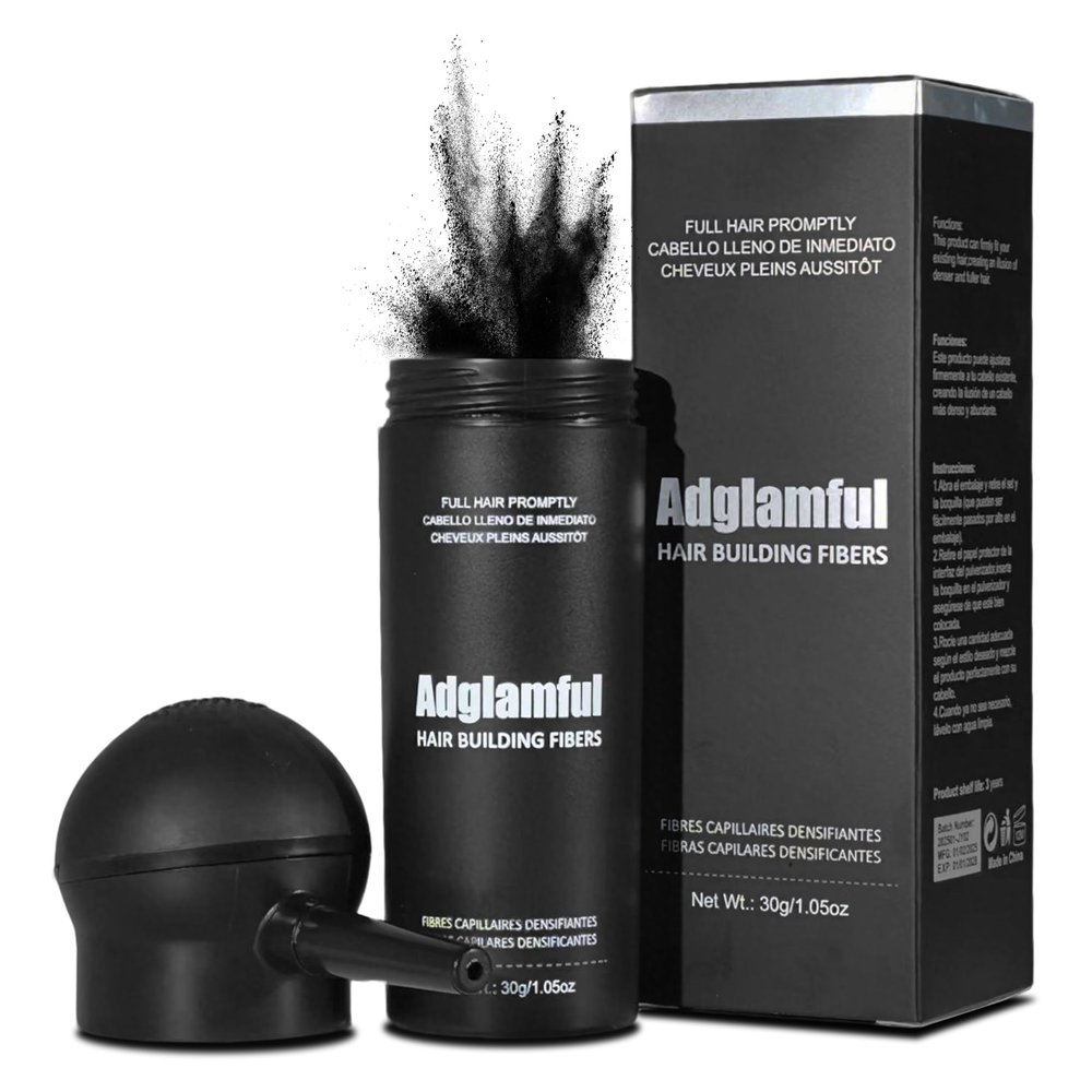 Adglamful Hair Fibers for Thinning Hair, Hair Building Fibers Spray with Spray Applicator, Undetectable & Long-lasting, Instant Hair Coverage for Men & Women (Black, 30g)