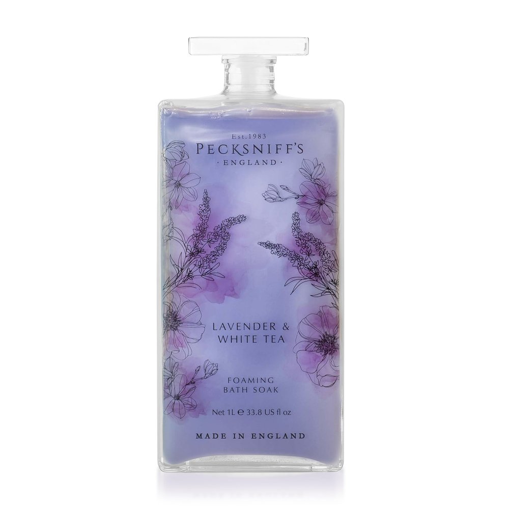 Pecksniffs Lavender & White Tea Foaming Bath Soak  Luxury Bubble Bath, 1L / 33.8 fl oz, Made in England