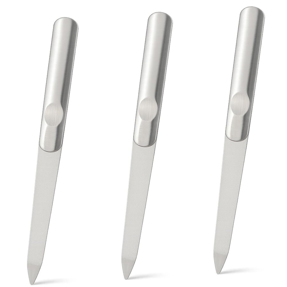 3PCS Stainless Steel Diamond Nail Files Double-Sided Heavy Duty Metal Files for Natural, with Anti-Slip Grip