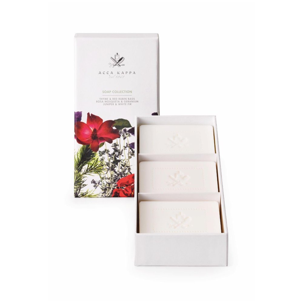 Acca Kappa Soap Set (3x150GR) Thyme and Red Rubin Basil, Juniper and White Fir, Rosa Mosqueta and Geranium