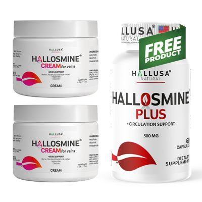Hallusa Natural 2-Pack Hallosmine Diosmin Cream 4 oz + Free Hallosmine Plus 500 mg 60 Ct | Triple Action Cream Formula: Diosmin, Hesperidin & Horse Chestnut | Vein Support Supplements for Legs