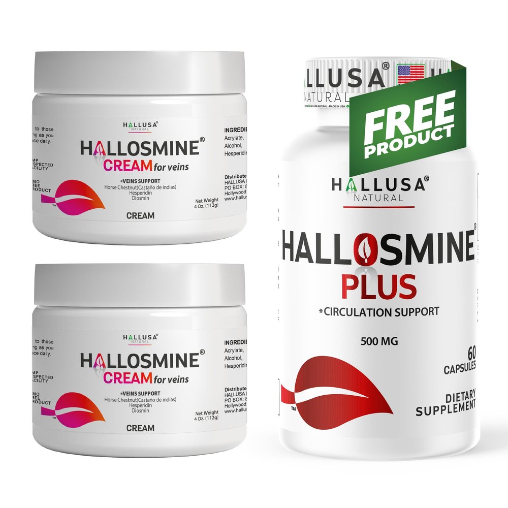 Hallusa Natural 2-Pack Hallosmine Diosmin Cream 4 oz + Free Hallosmine Plus 500 mg 60 Ct | Triple Action Cream Formula: Diosmin, Hesperidin & Horse Chestnut | Vein Support Supplements for Legs