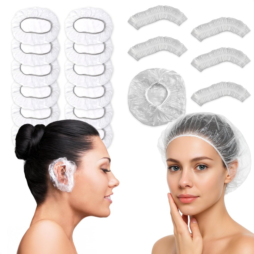200 Pcs Disposable Ear Covers & 100 Pcs Shower Caps for Women - Clear Shower Cap Reusable Waterproof Plastic Shower Cap Disposable Hair Cap for Shower
