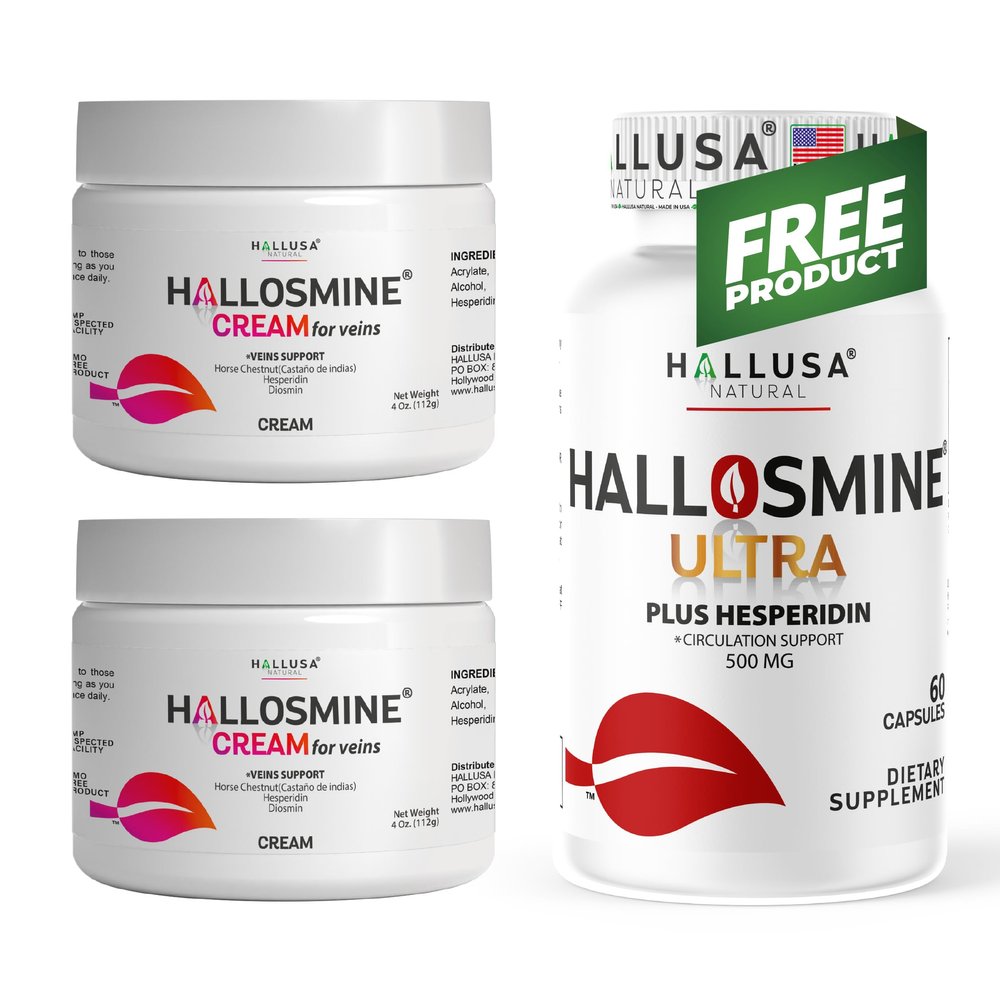 2-Pack Hallosmine 4 oz Cream + Free Hallosmine Ultra 650 mg 60 Capsules | Triple Action Cream Formula  Diosmin, Hesperidin & Horse Chestnut | leg circulation support & vein supplement