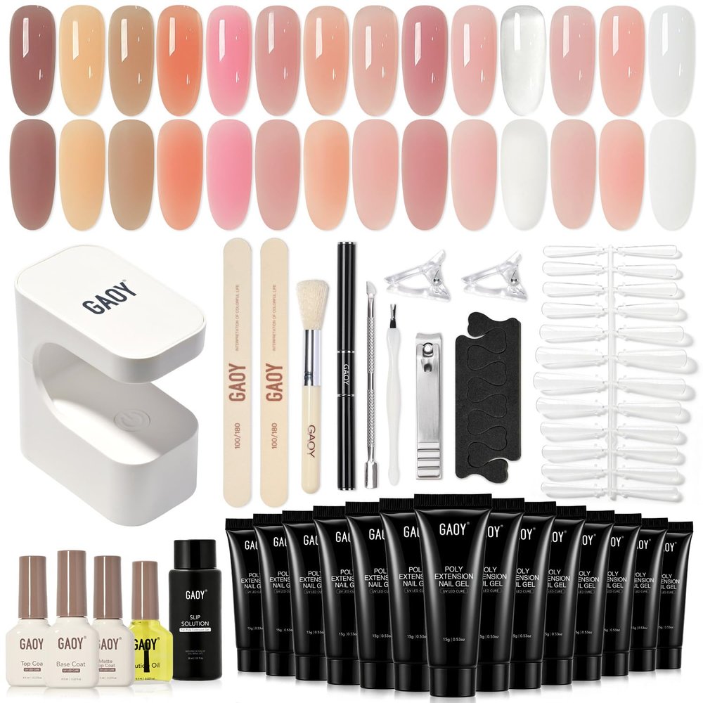 GAOY Poly Gel Nail Extension Kit with UV Light, 14 Colors Nude Pink Clear Jelly Builder Gel, All-in-One Starter Kit for French Manicure, Salon & DIY Home Nail Art, Love Letter